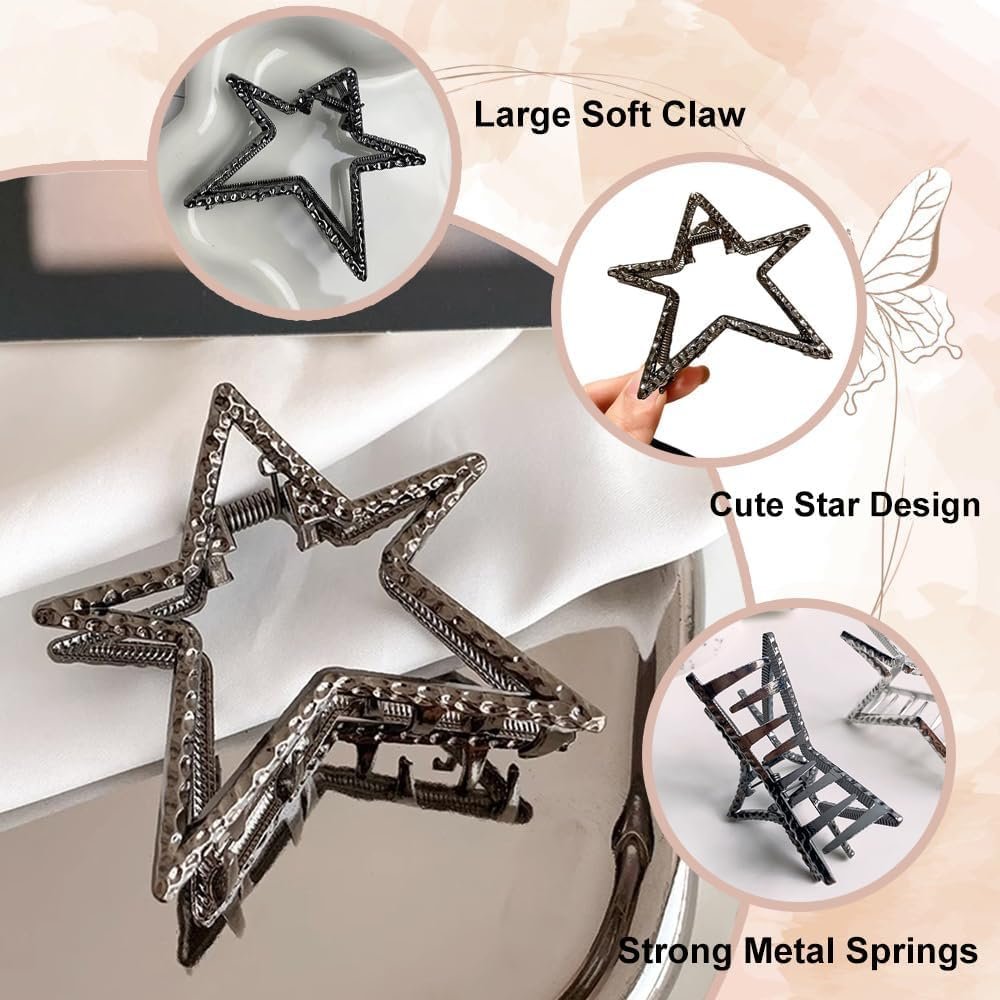 Metal Hair Clips for Women, Metal Hair Clips, Star Heart Hair Clips for Women, Large, Silver Clip, Claws, Non-Slip Design for Thick and Thin Hair (Black) image number 1