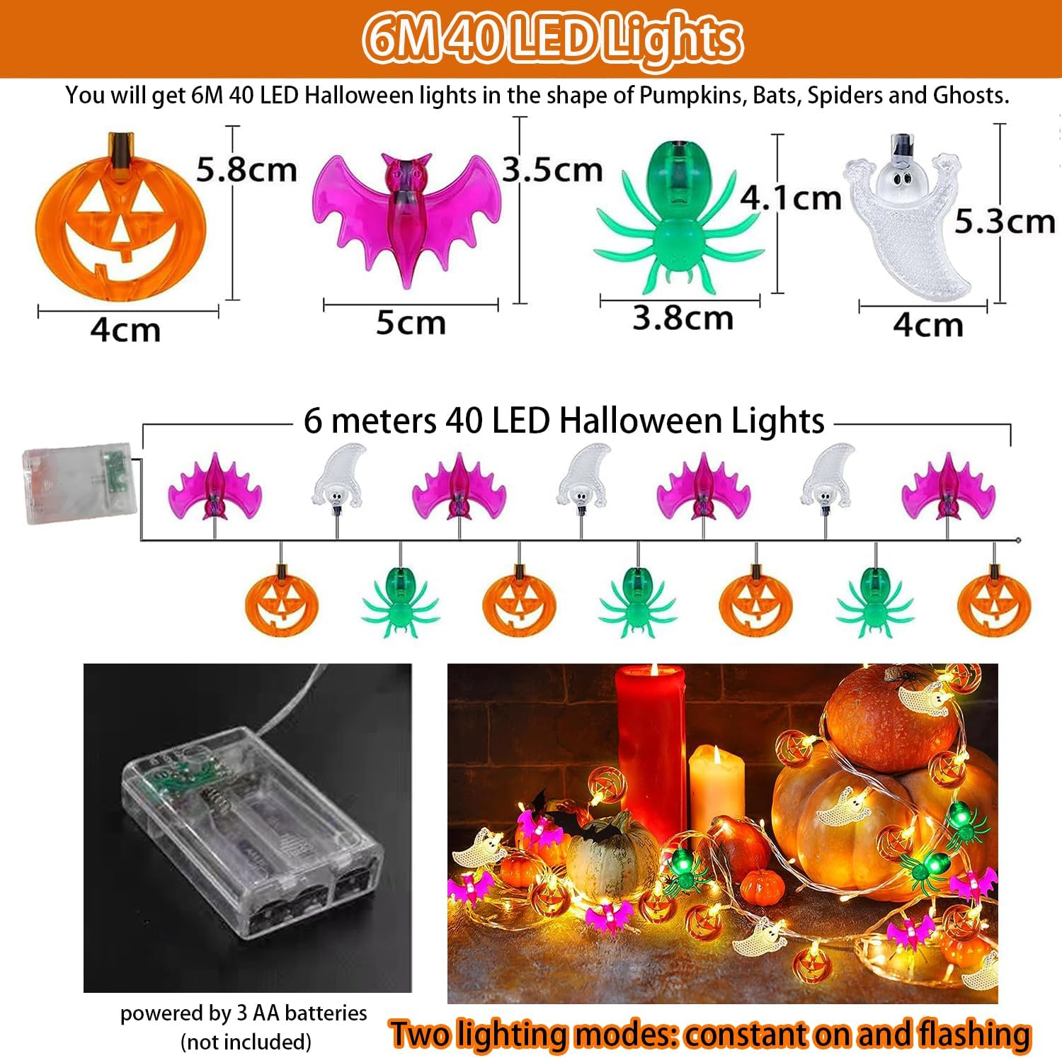 Halloween Lights 6M 40 LED Pumpkin Bat Spider Ghost Halloween String Lights Battery Operated, Indoor Outdoor Halloween Decorations Light Home Yard Window Decor image number 1