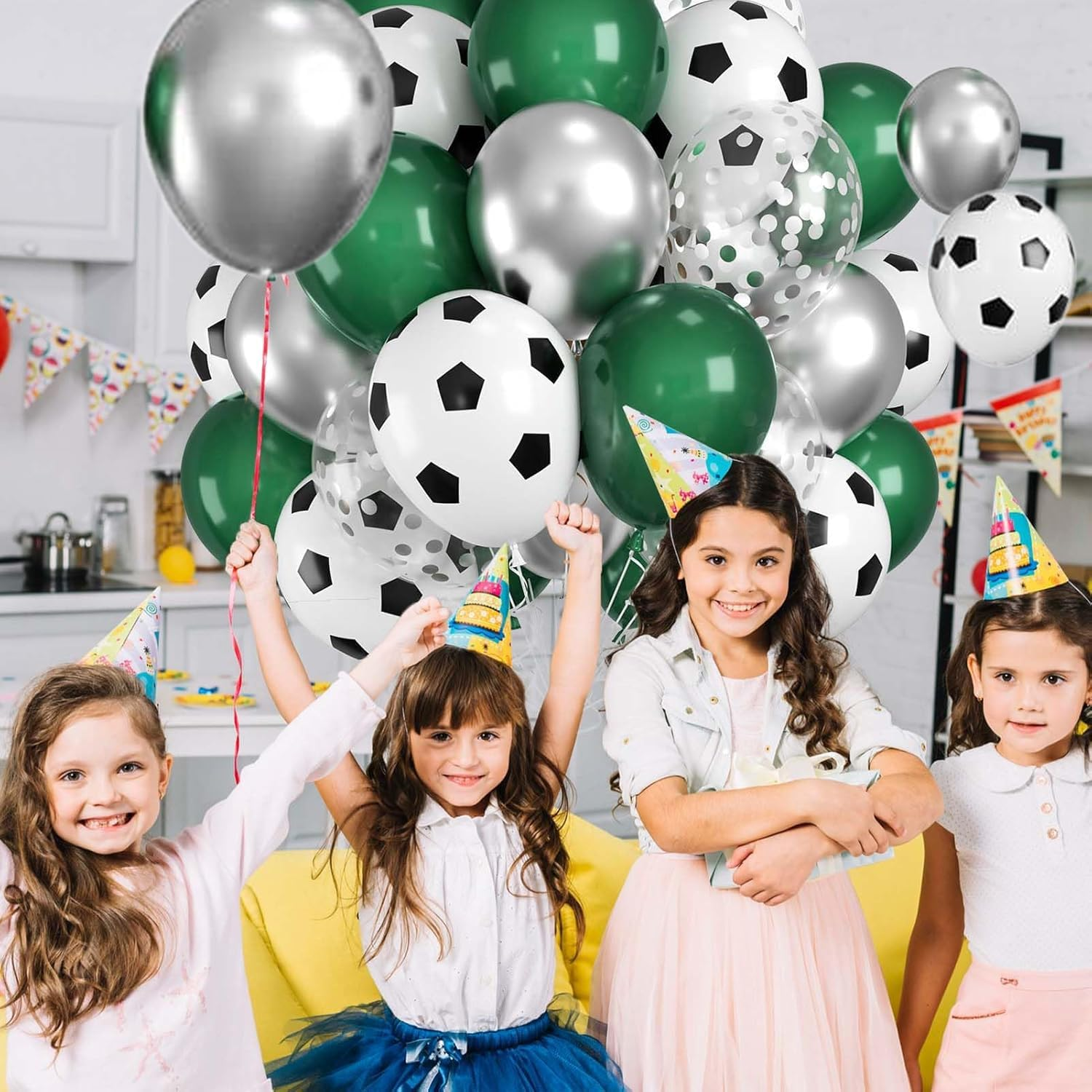 Football Balloons, 12 Inch Soccer Balloons Green Black White Latex Balloons Soccer Printed Balloons with Ribbons for Boys Football Soccer Party Sports Anniversary Baby Shower Decorations