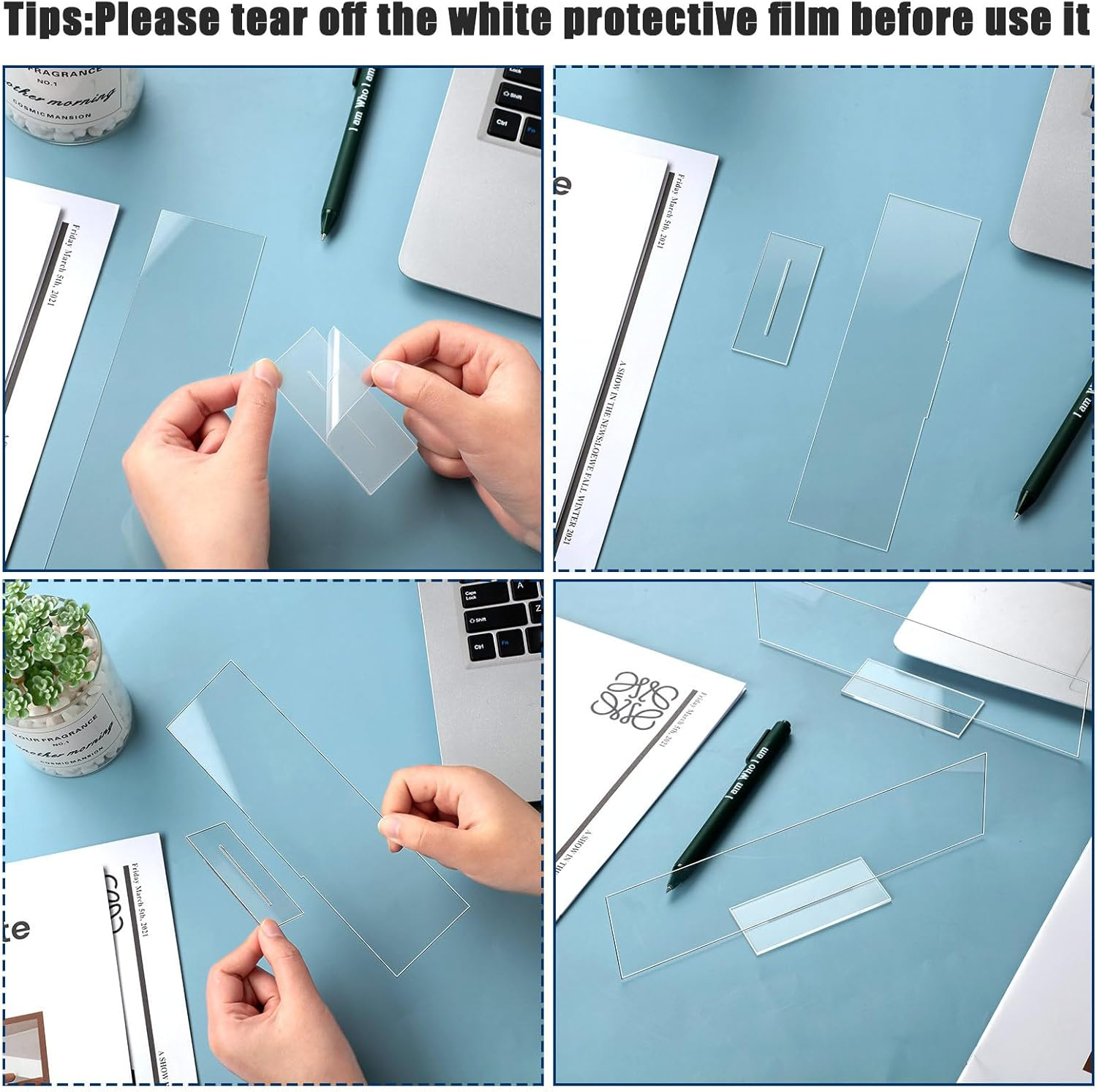 Yookeer 12 Pack Acrylic Name Plate Personalized Desk Name Plaque Sign Clear Panel Rectangle Acrylic Sheet Blank for Office Desk Decor(2 X 10 Inch)