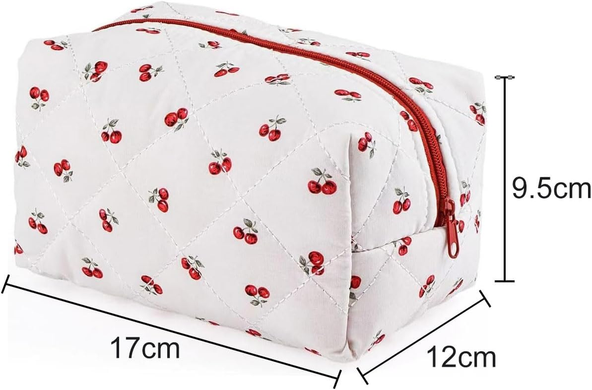 Floral Quilted Makeup Bag for Travel, Portable Cosmetic Organizer with Spacious Interior (Cherry, 17 * 12 * 9.5Cm) - Tisuff image number 4