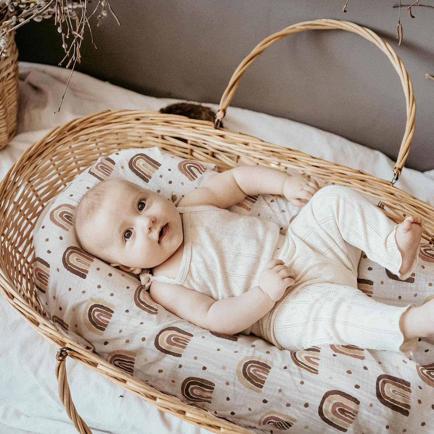 Muslin Bassinet Fitted Sheets, 2 Pack for Baby Boy and Girl, Soft Breathable Stretchy Baby Pad/Mattress Sheet Set, Universal Fit for Hourglass Oval and Rectangle Bassinet Mattress (Cute Rainbow) - Elegant Colors image number 4