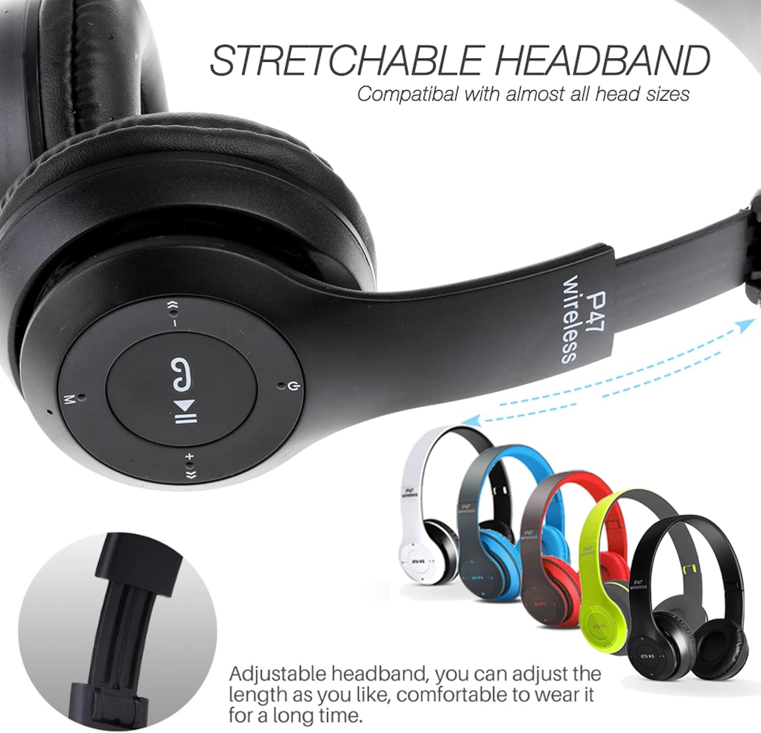 Wireless Bluetooth 5.0 Earphones, Foldable Sport Headset with Mic, Stereo Headphones MP3 (Blue) - Black image number 6