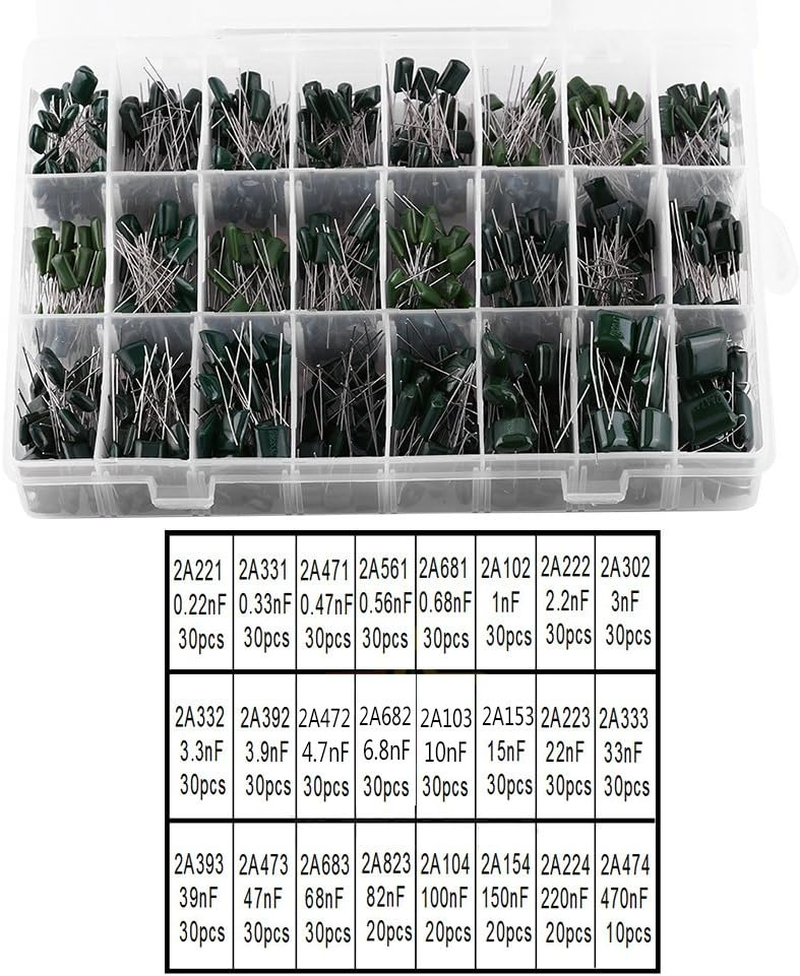 660Pcs 24Value Polyester Film Paper Capacitors Set, Great Assortment for Electronic Needs, Convenient Storage with Transparent Box, Easily Identify with Label