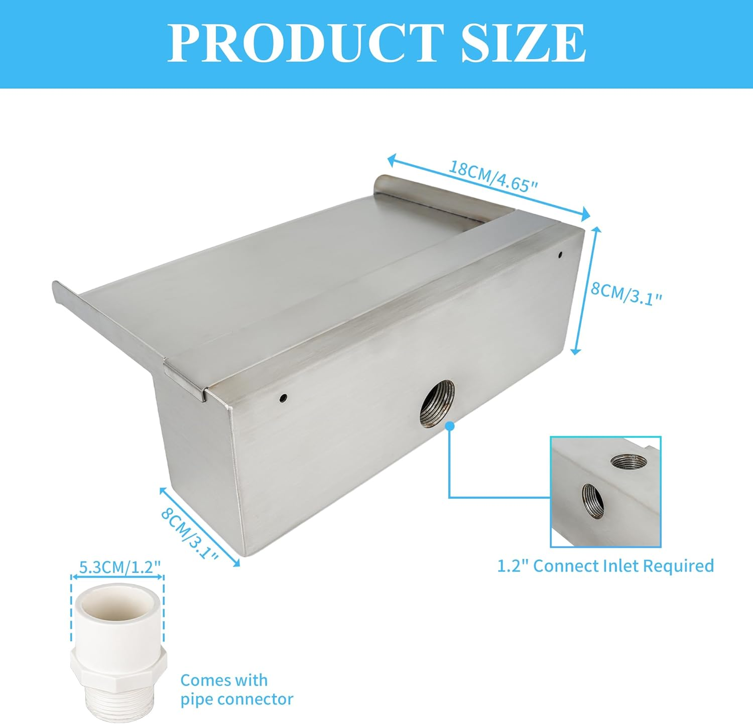 24 Inch Pool Fountain 304 Stainless Steel Waterfall Spillway with Pipe Connector Kits, Wider Water Flow Sheer Descent Platform Water Feature Fountain for Swimming Pool, Outdoor Garden Decor image number 2