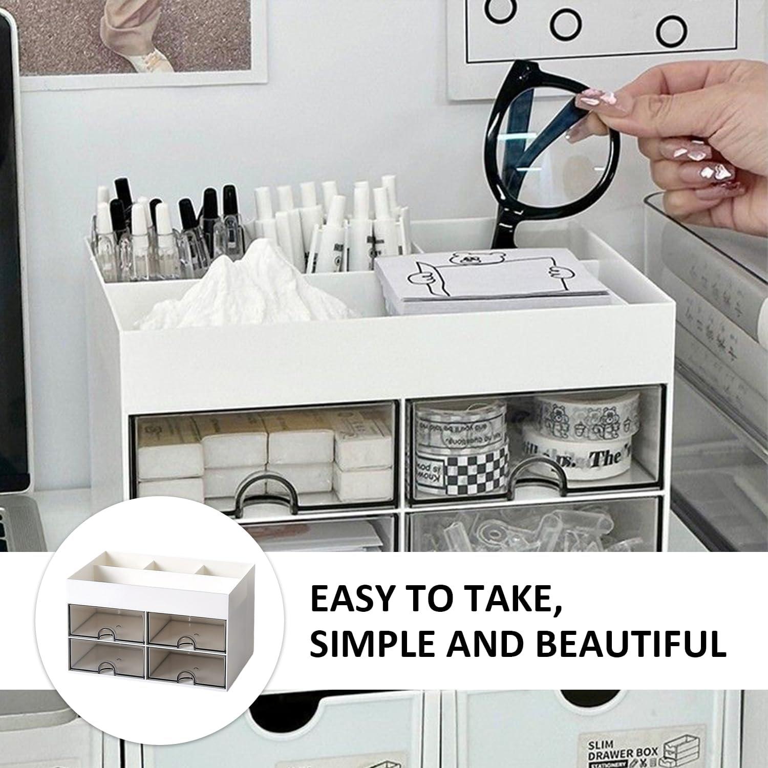 MEMOFYND 1 Piece Desk Organiser with 3 DIY Stickers, Desk Storage Drawer, Fixed Organiser, Desk Accessories, Drawer Organiser. image number 1