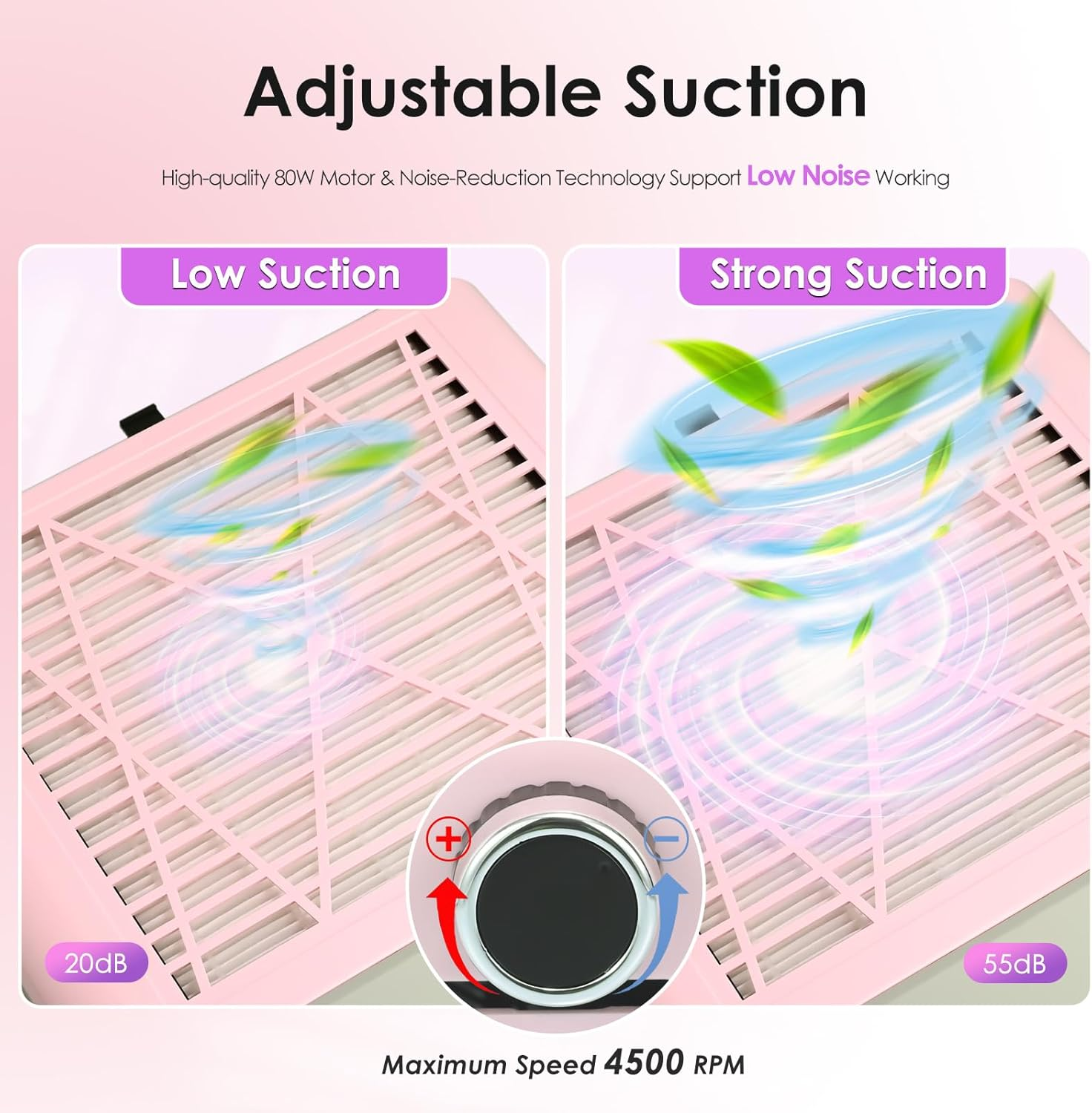 Nail Dust Collector Nail Tech, 80W Powerful Suction Nail Extractor Vacuum with Reusable Filter & Brush, Adjustable Electric Nail Fan Dust Vacuum for Acrylic Gel Nail Polishing Manicure Tool Pink