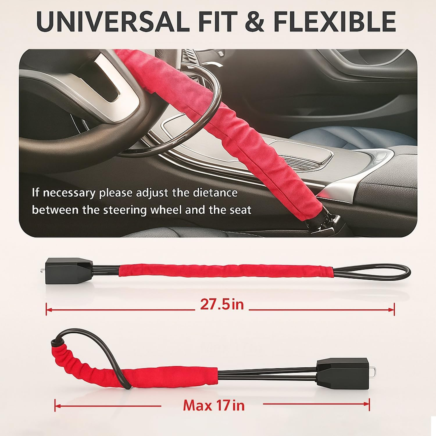 Red Steering Wheel Lock Anti-Theft Device, Universal Fit for Cars, Trucks, Suvs, and Vans - Durable Alloy Steel, Easy to Install, 3 Keys Included, 1-Year Warranty - Damaill image number 1