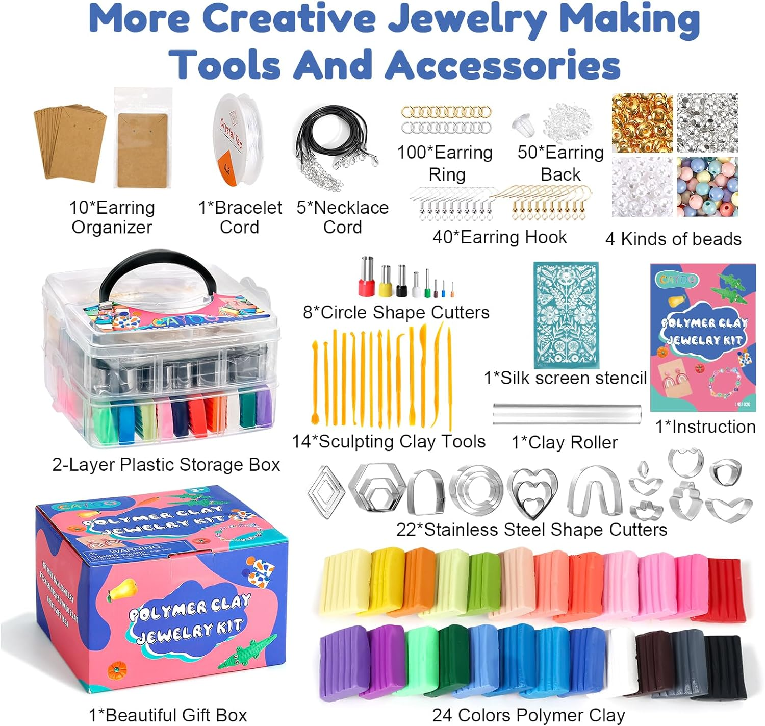 Caydo 587PCS Polymer Clay Jewelry Kit with 2 Layer Storage Box, 24 Colors Polymer Clays, Earring Cutters, Earring Accessories, and Clay Tools for Kids and Adults for Jewelry Earring Making