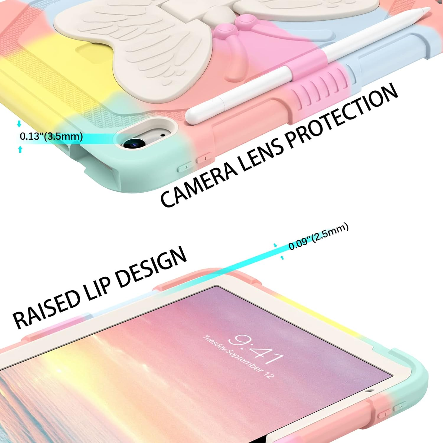 DUEDUE Ipad(A16) 11Th Generation 11 Inch 2025 Case, Ipad 10Th Generation 10.9 Inch 2022 Case, Butterfly Wings Kickstand Heavy Duty Shockproof Protective Tablet Case for Kids, Rainbow