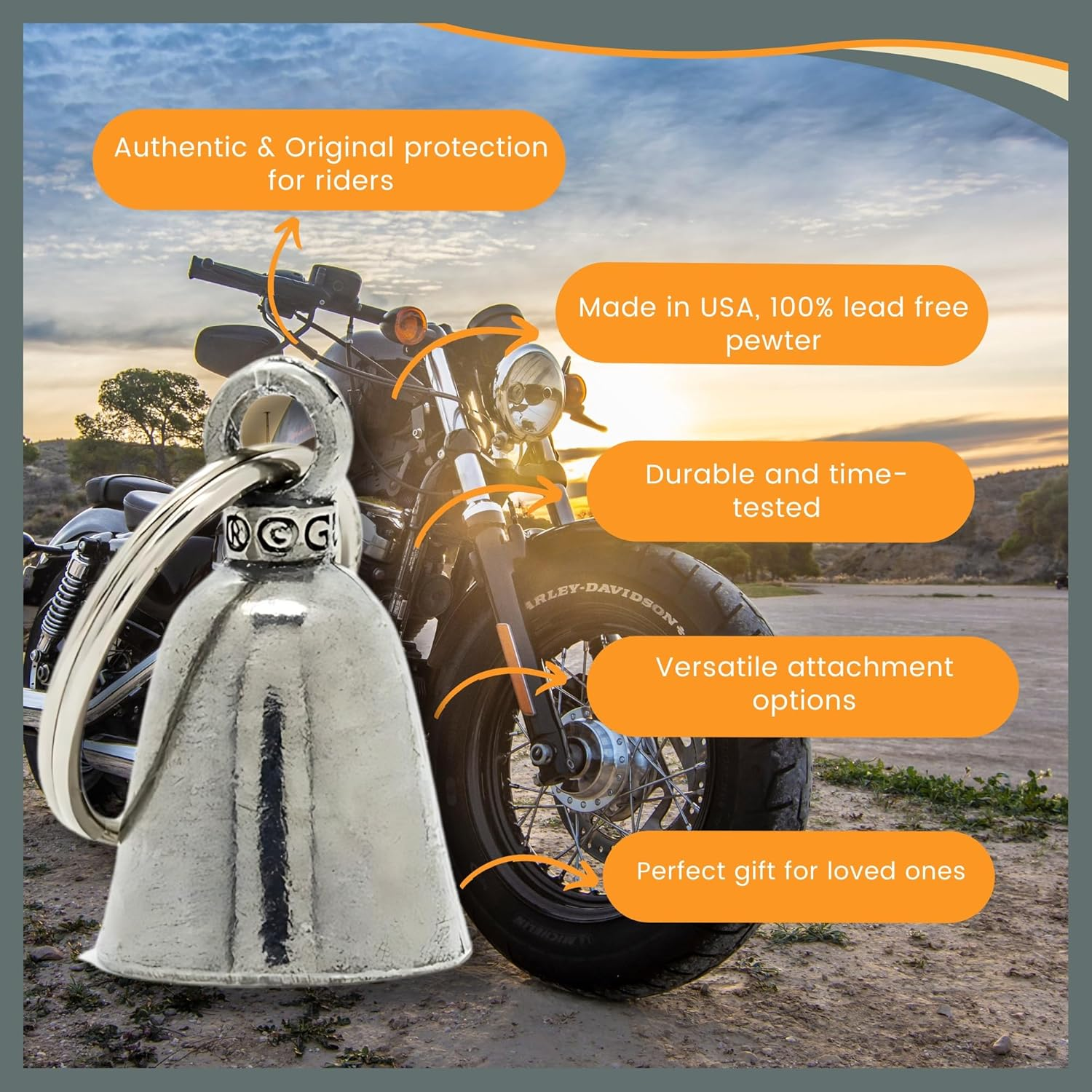 Guardian Bell Good Luck Bells W/Keyring & Black Velvet Gift Bag | Motorcycle Bell | Lead-Free Pewter Bell | Made in the USA image number 1