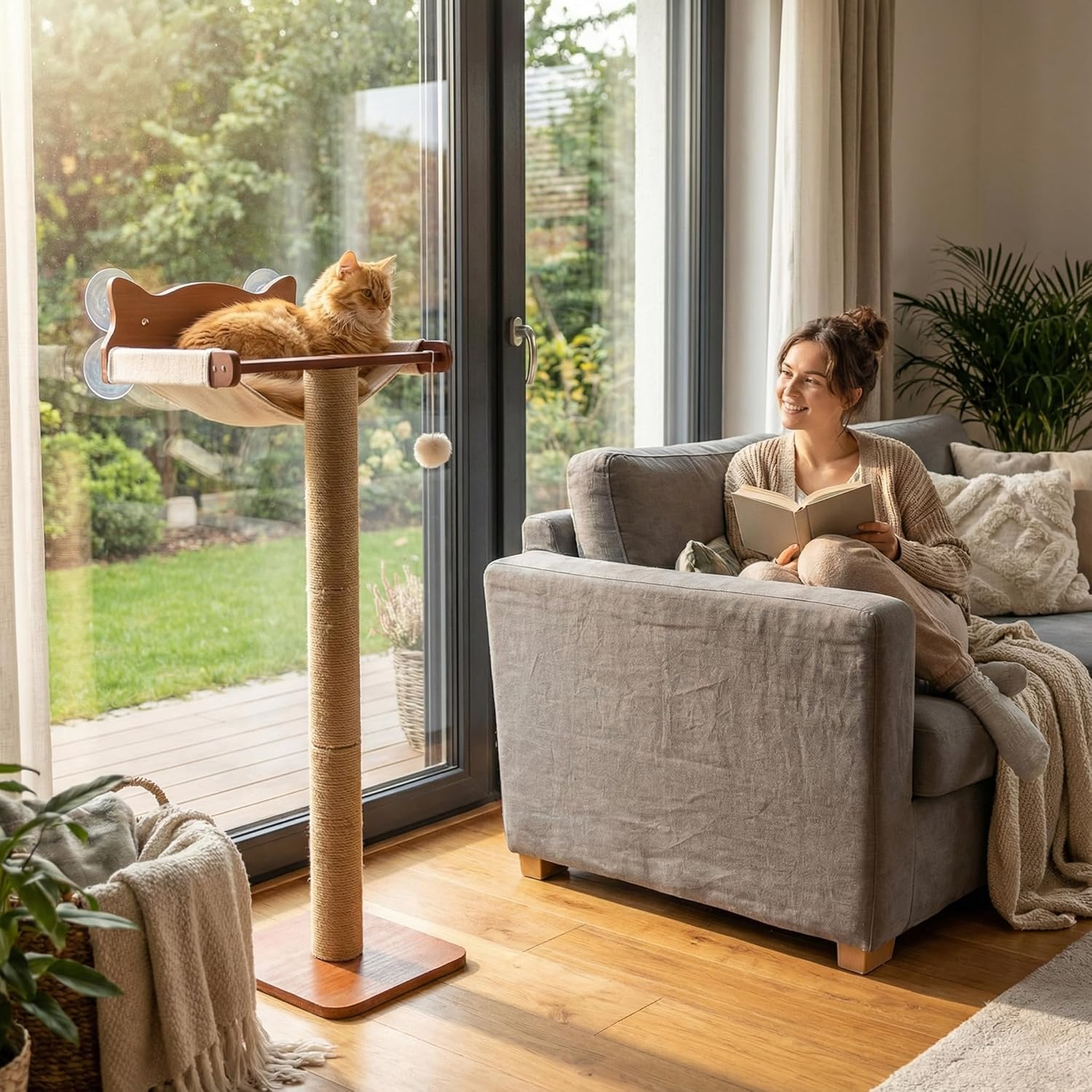 Sintuff Cat Window Perch with Scratching Post Climbing Tree Hammock Mounted with Suction Cups 46 Inch Tall Adjustable Narrow Cat Tree Climbing Pole for Playing Sleeping Watching Birds (Round) image number 1