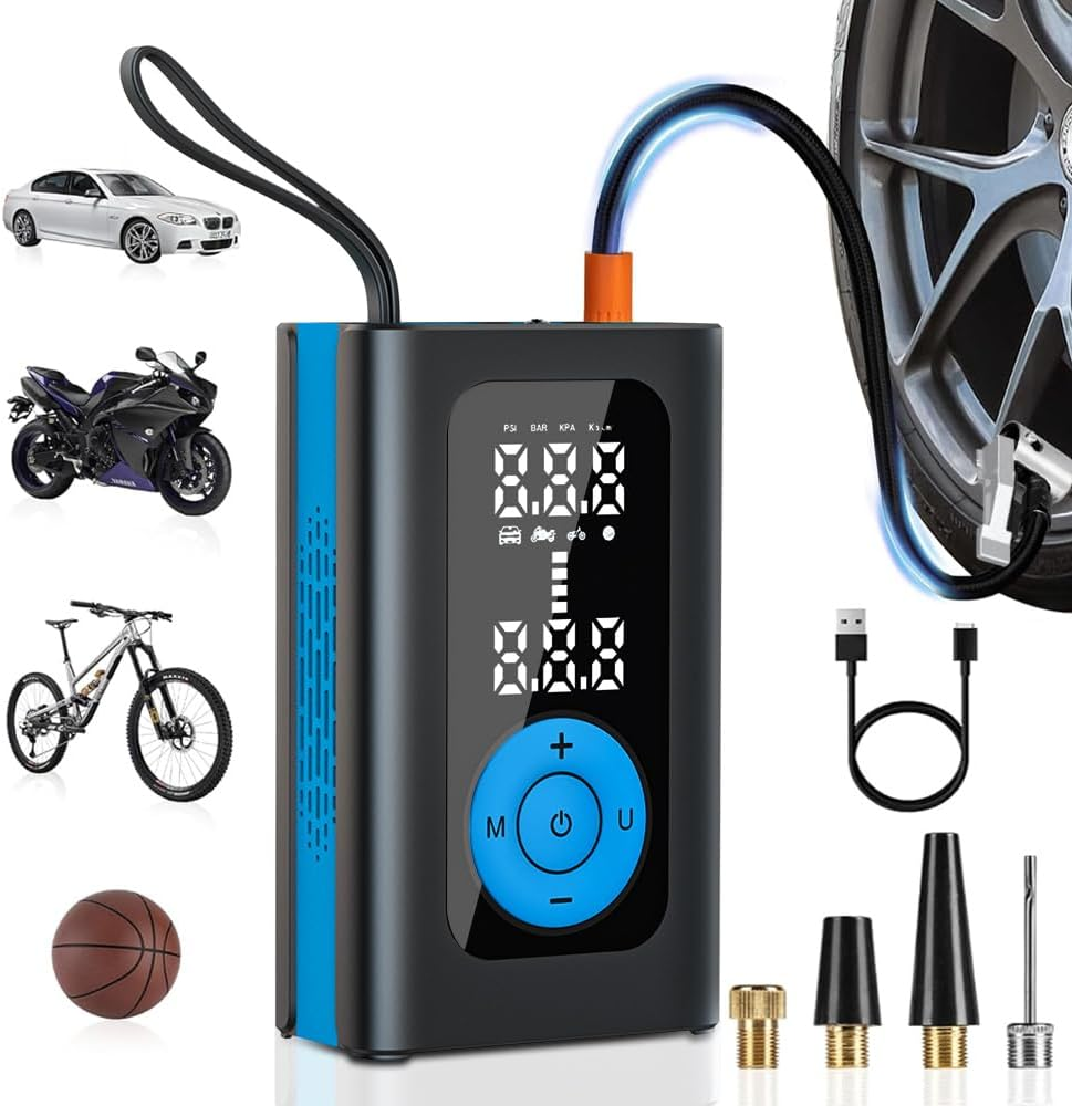 Tyre Inflator Portable Air Compressor,Cordless Air Pump,Led Lighting and Accurate Pressure,1 Min Fast Inflate,Electric Tire Pumpwith LCD Digital Tyre Electric Bike Pump for Car,Bike,Balls,Motorcycle