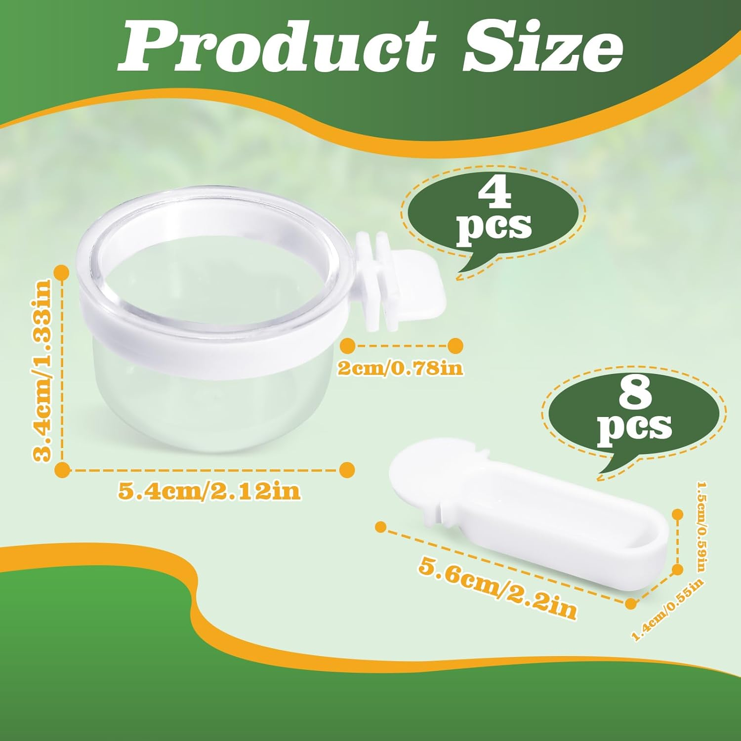 4 Pcs Small Bird Detachable Transparent Bowl with 8 Pcs Small Food Cups, Parrot Plastic Food Feeder Convenient Hanging Food Cups for Canary Finch Parrot (Transparent)