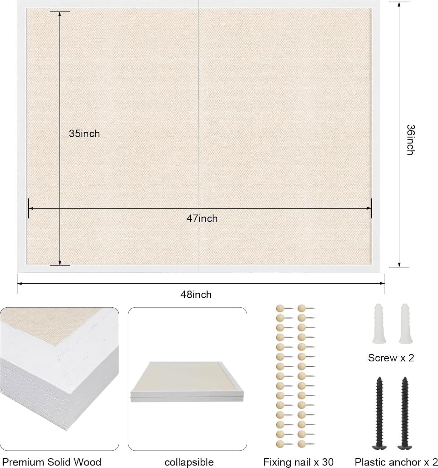 Large Bulletin Board 48X36 Inch with Linen Cork Boards Wall Decor Hanging Pin Wood Framed Display Bulletin Cork Photo Picture Board Light for Room School Office 30-Pushpin White image number 7