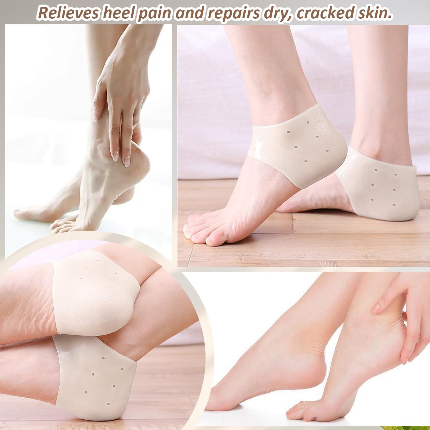 EKIND Silicone Heel Protectors, Breathable Cups & Ankle Gel Pads Cushion for Heel Pain and Cracked Heels Relief for Men and Women(White with Holes) image number 2