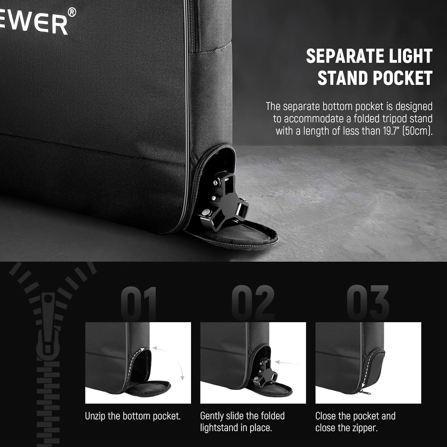 NEEWER 12" Ring Light Carrying Bag for RH12B RH12C RH10B RH8B, 19.7"X16.5"/50X42Cm Portable Protective Nylon Travel Case with Separate Section for Folded Light Stand Tripod up to 19.7"/50Cm, RU-011 image number 2