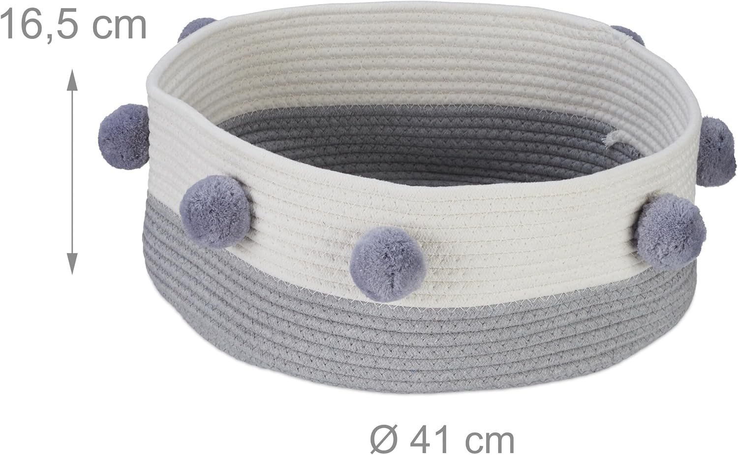 Relaxdays Cat Bed, Cats & Small Dogs, H X D: 16.5 X 41 Cm, Pompoms, Cotton, Braided Cat Basket, Grey/White image number 2
