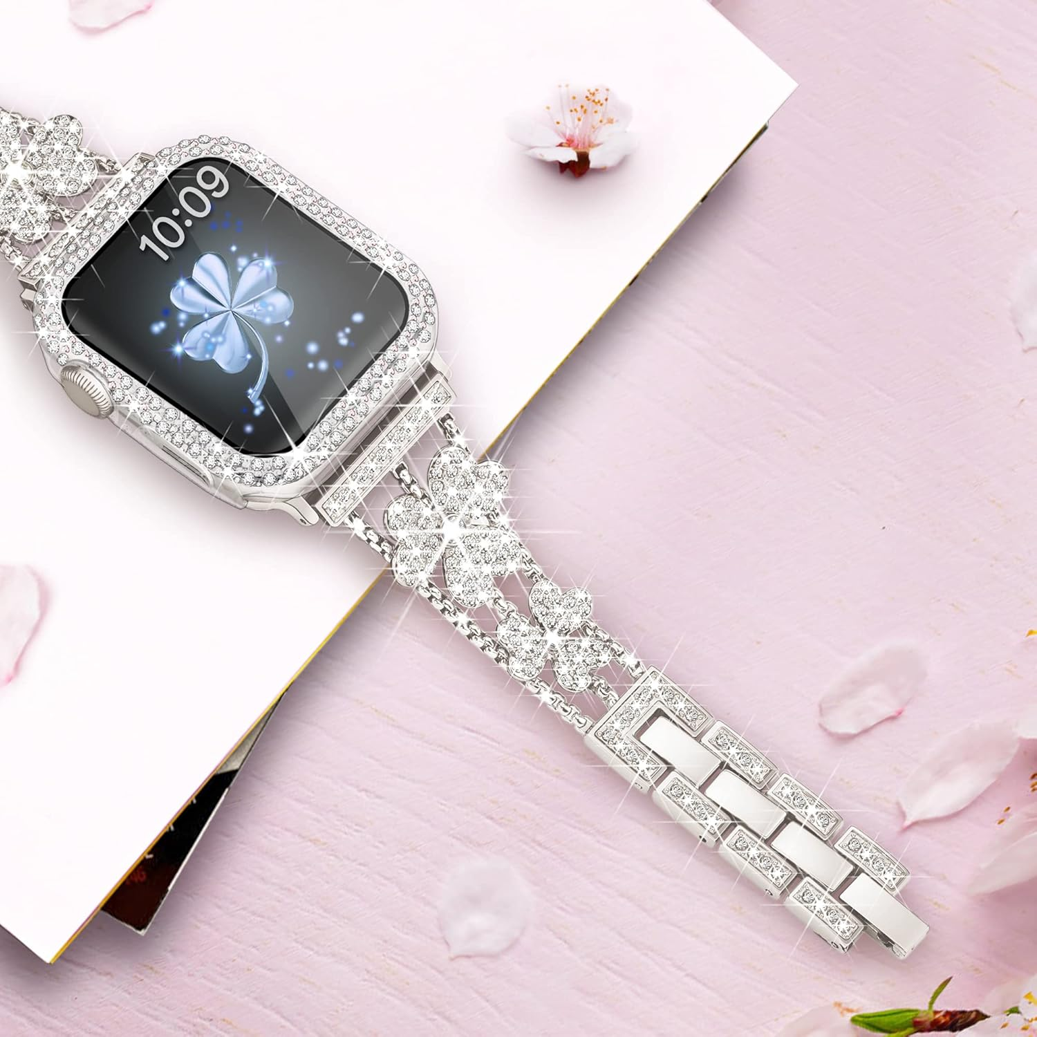 Vamyzji Compatible Apple Watch Band + 45Mm Bling Diamond Protective Case with Screen Protector, Easy Adjustable Jewelry Metal Band Bracelet for Apple Watch Series 9, 8, 7 (Starlight) image number 2