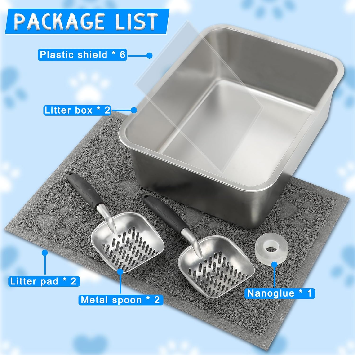 YUEPET 2 Sets Stainless Steel Cat Litter Box with High Sides, Durable Metal Cat Litter Basin Pan Easy to Clean Cat Litter Tray for Odor Control with Cat Litter Scoops Cat Litter Mats 17.5"X13.6"X6"