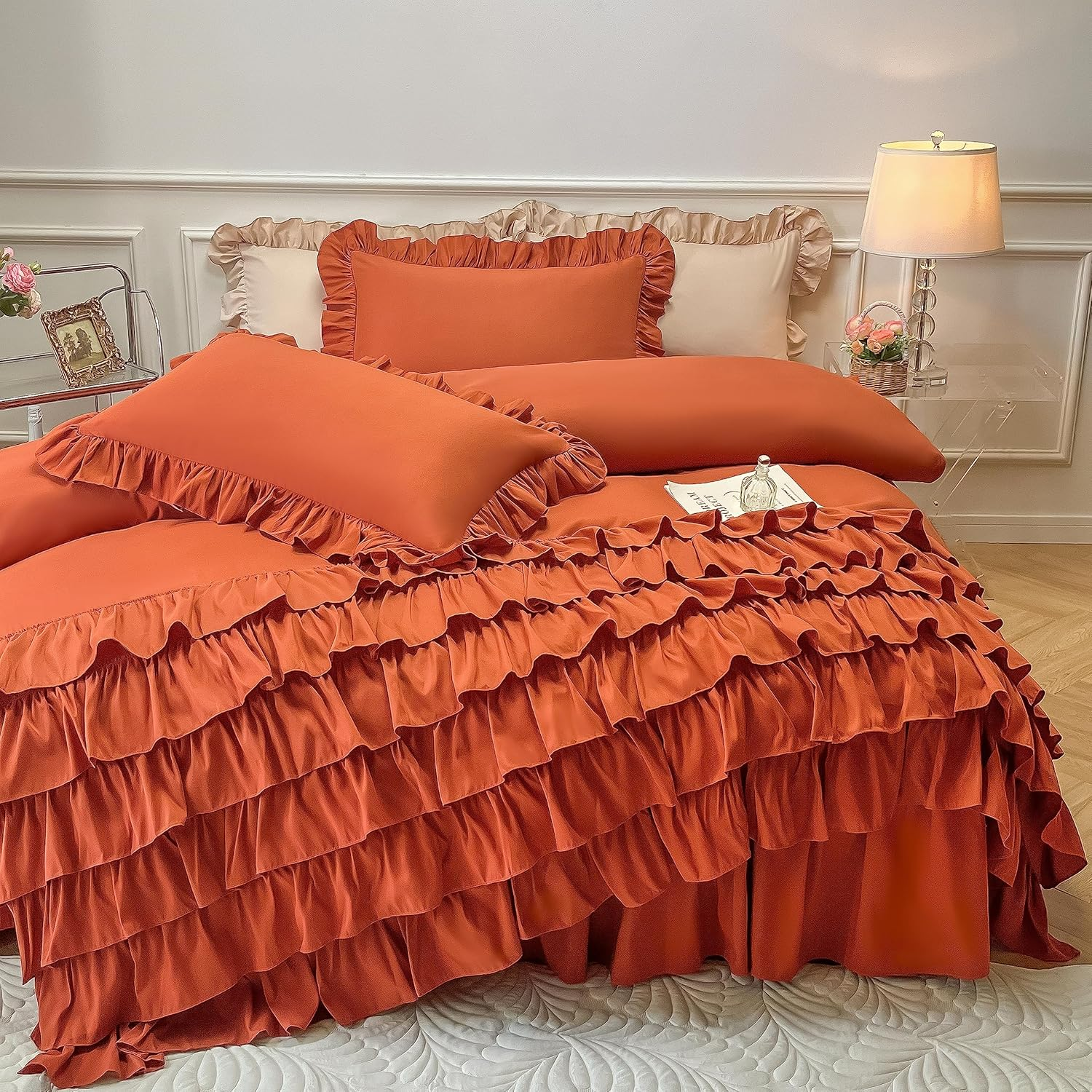 MOOWOO Girls Bedding,Waterfall Ruffle Duvet Cover -Full 3 Piece Shabby Chic Bedding Solid Color Soft and Breathable with Zipper Closure,Corner Ties,Aesthetic Bedding-Pink,Full