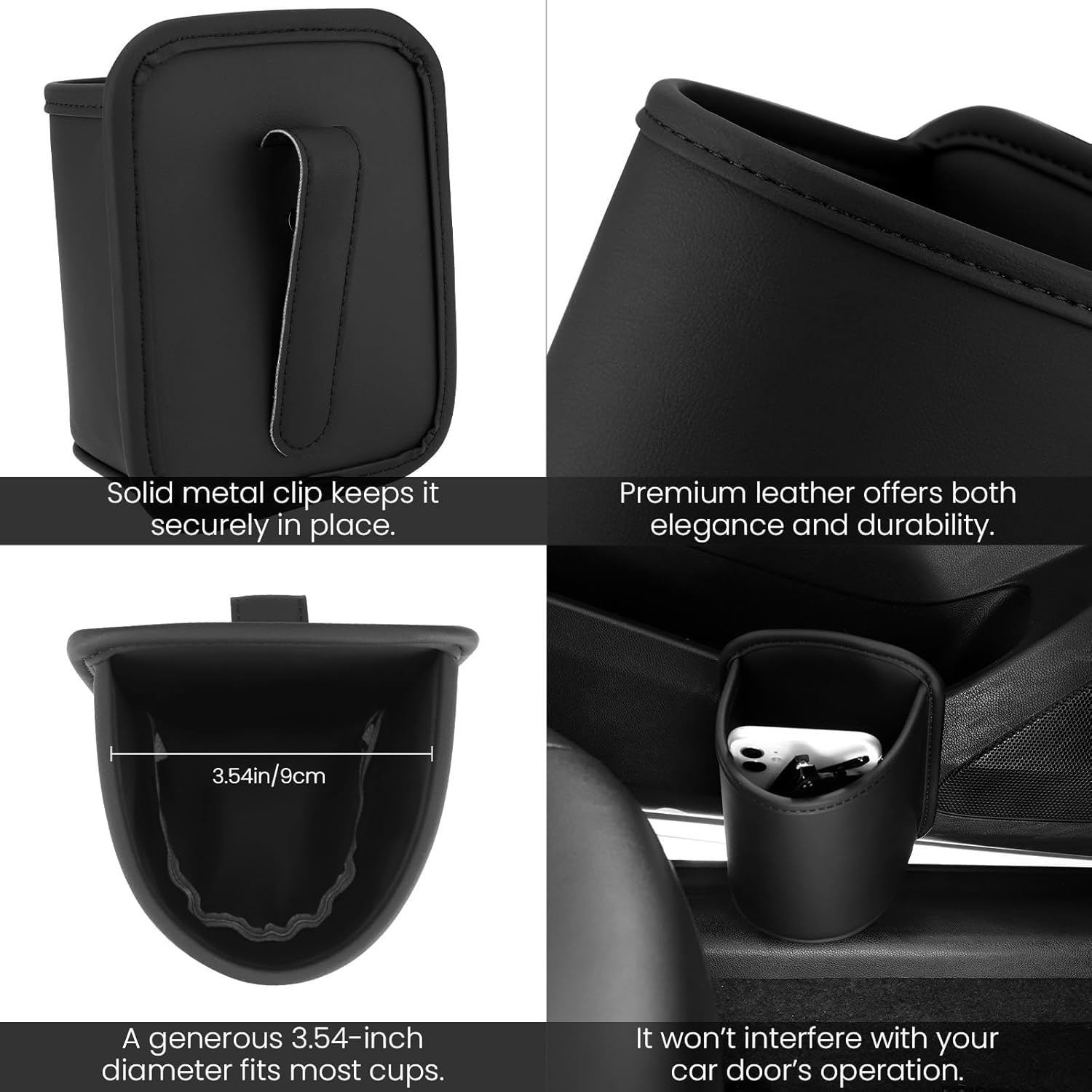 2 Pack Large Cup Holder for Car Door Pocket Seat Clip on Beverage Drink Holders Organizer Scratch-Resistant PU Leather Black image number 6