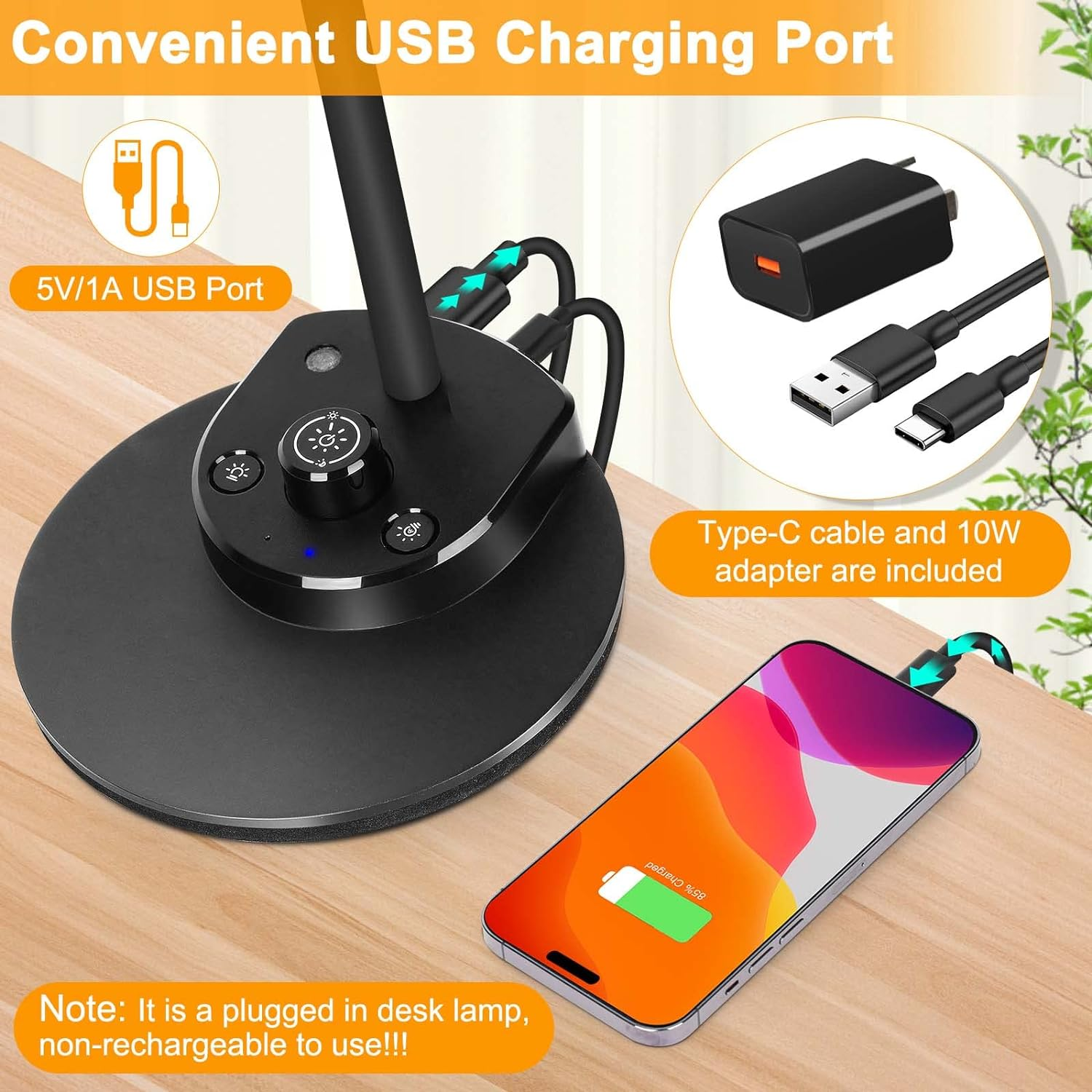 Eocean LED Desk Lamp, Dimmable beside Table Lamp with USB Charging Port, Rotary Switch Study Lamp with Intelligent Induction Auto, Flexible Gooseneck Reading Light for Home Office, 3 Color Modes image number 2