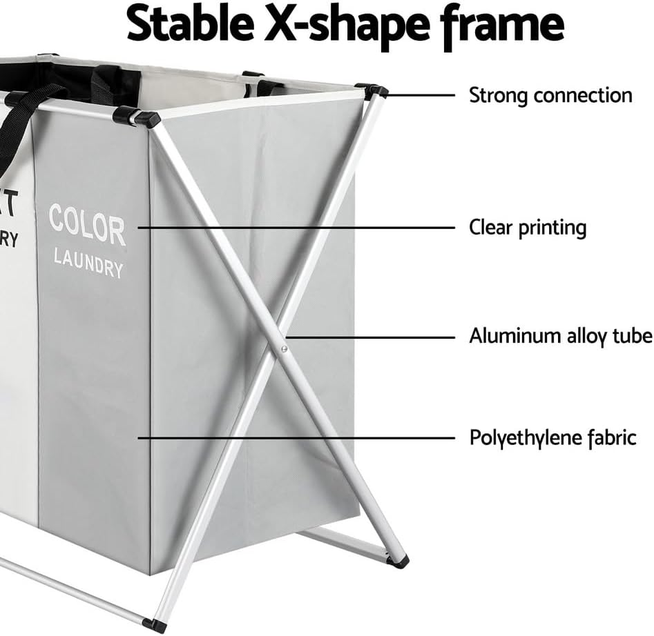 Artiss 3 Sections Laundry Basket, Collapsible Double Laundries Hamper Bag Washing Bags Foldable Dirty Clothes Storage Large Container Organization, for Home Bathroom Bedroom image number 4