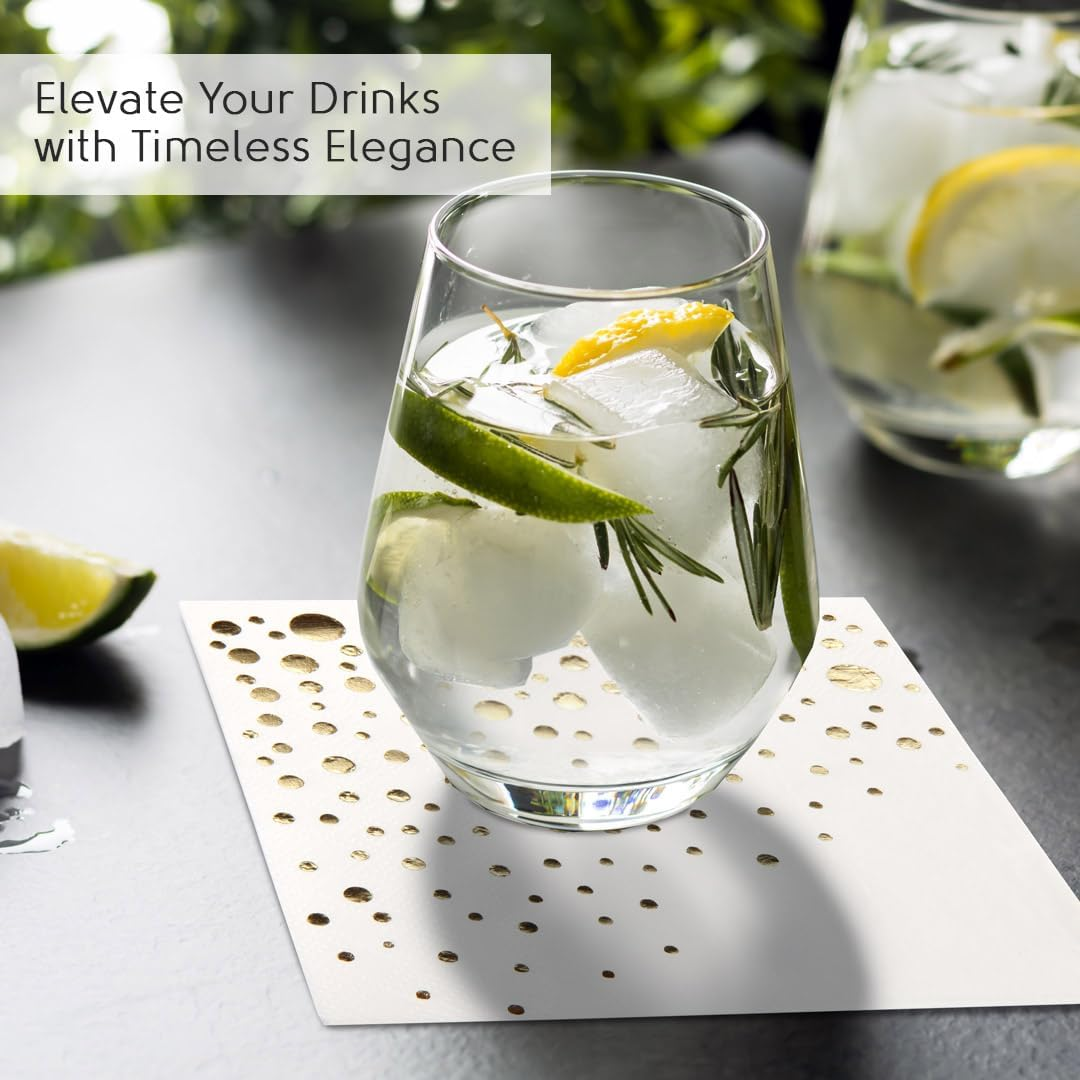 Stylish Gold Cocktail Napkins, 100 Cocktail Napkins, Paper Cocktail Napkins, 3-Ply White and Gold Napkins, 5 X 5 Inch Gold Party Napkins, Disposable Gold Napkins, Dessert Napkins image number 2