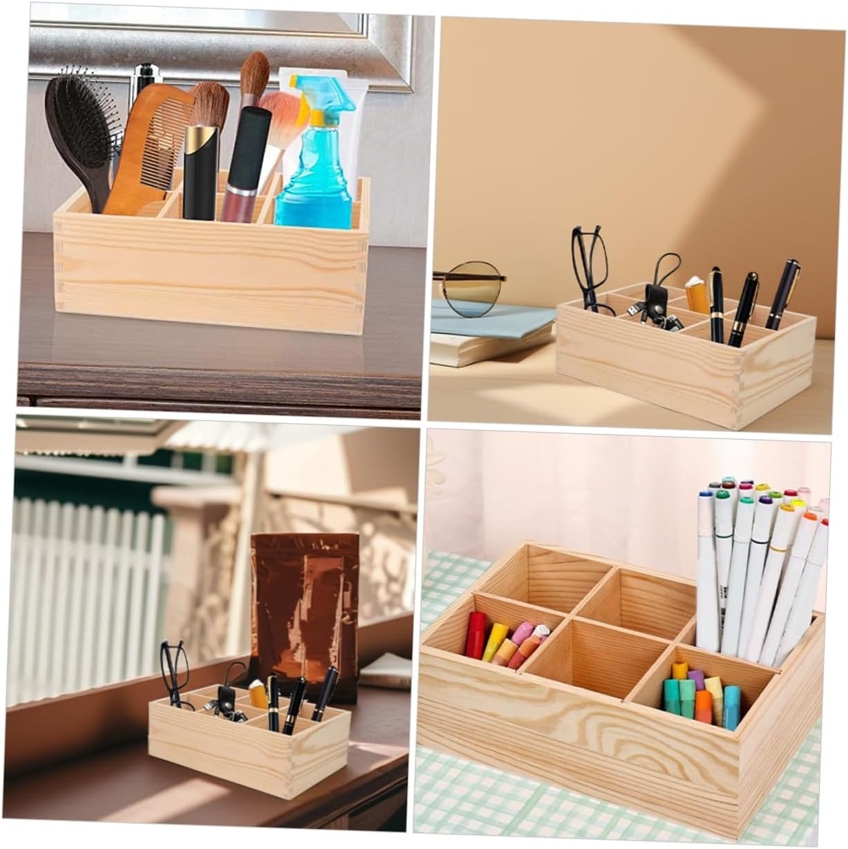 COHEALI 2Pcs Multipurpose Storage Box Wooden Pencil Case Compartments Rotating Organizer for Art Supplies and Makeup Brushes for Office Desk