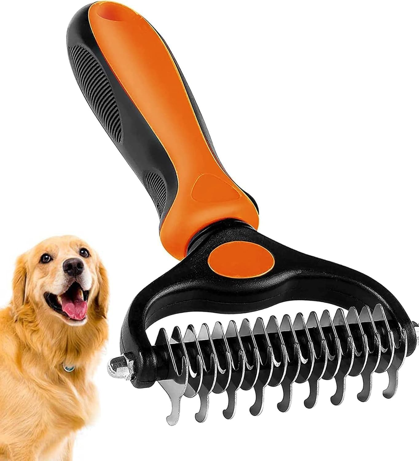 Undercoat Rake for Dogs, 2 in 1 Dematting Comb & Deshedding Tool for Long Hair Pets, Pet Hair Grooming Brush, Clear Mats and Tangles, Reduces Shedding (Orange, One Size) image number 2