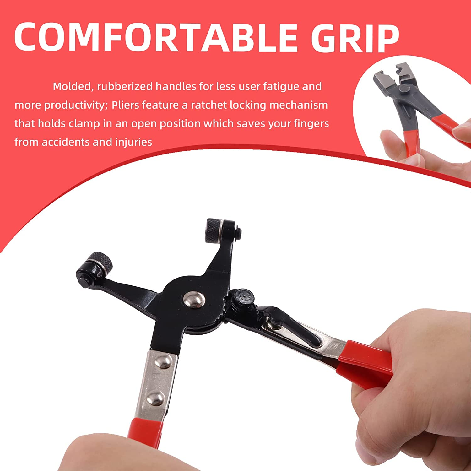 Glarks 9Pcs Red Flexible Hose Clamp Pliers Set, Long Reach Spring Wire Clip Plier Hose Clamp Pliers Remover Kit for Replacement of Fuel, Oil, Water Hose image number 2