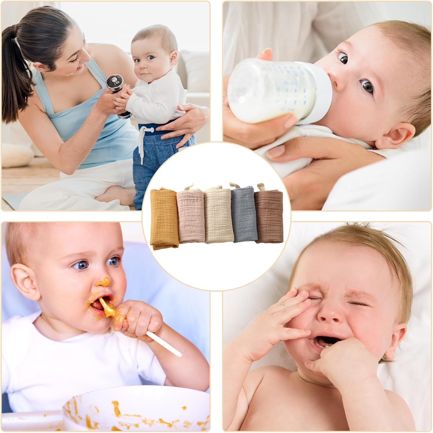 Toumett 5 Pcs Muslin Cloths for Baby,Wash Face Muslin Squares,Baby Essentials for Newborn,Burp Cloths,Natural Cotton,For Newborn Baby/Boy/Girl Wiping Bathing Feeding (23X22Cm) image number 4