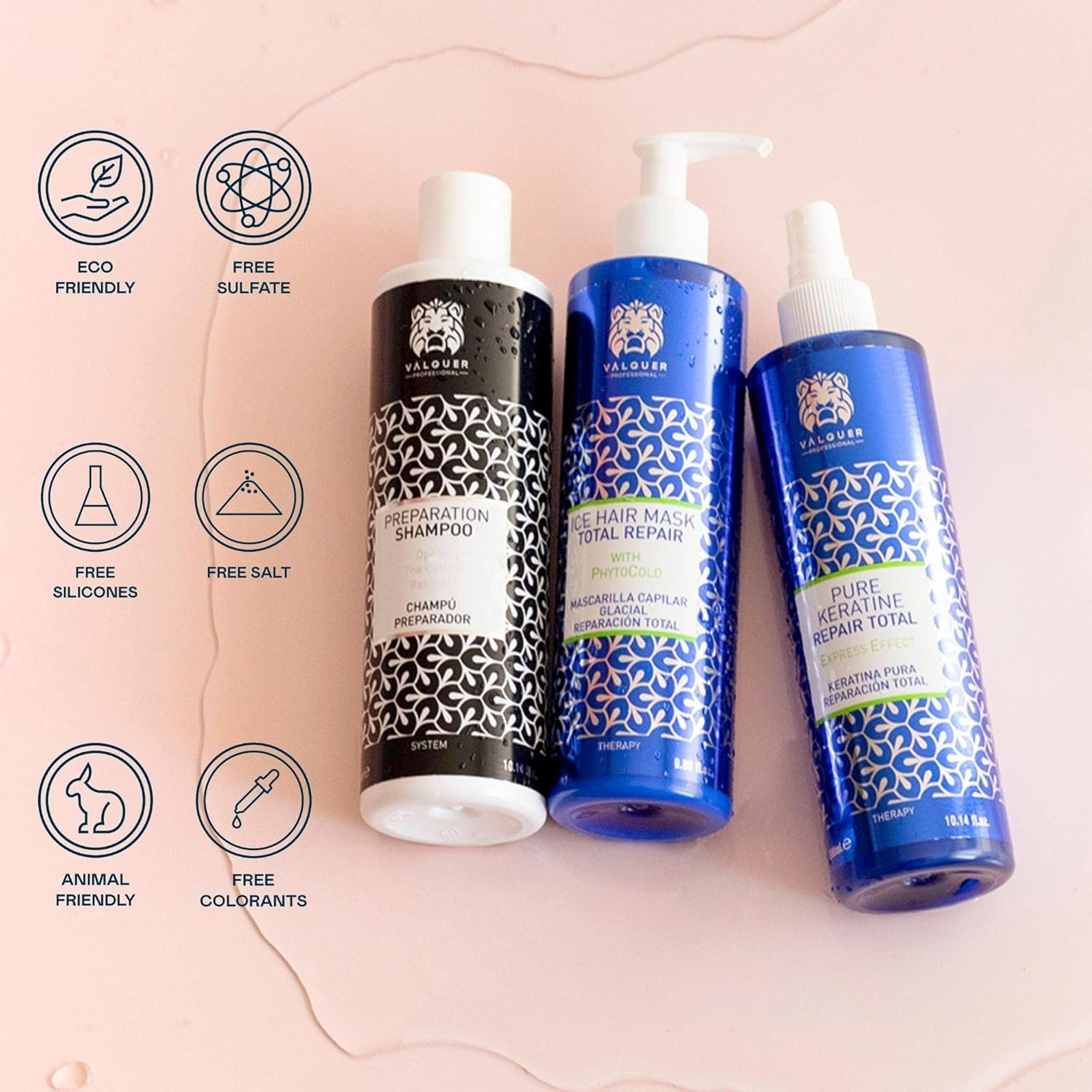 Valquer Damaged Hair Repair Treatment - Pack of Preparation Shampoo + Keratin + Ice Hair Mask - Repair Pack for Strongly Damaged Hair image number 1