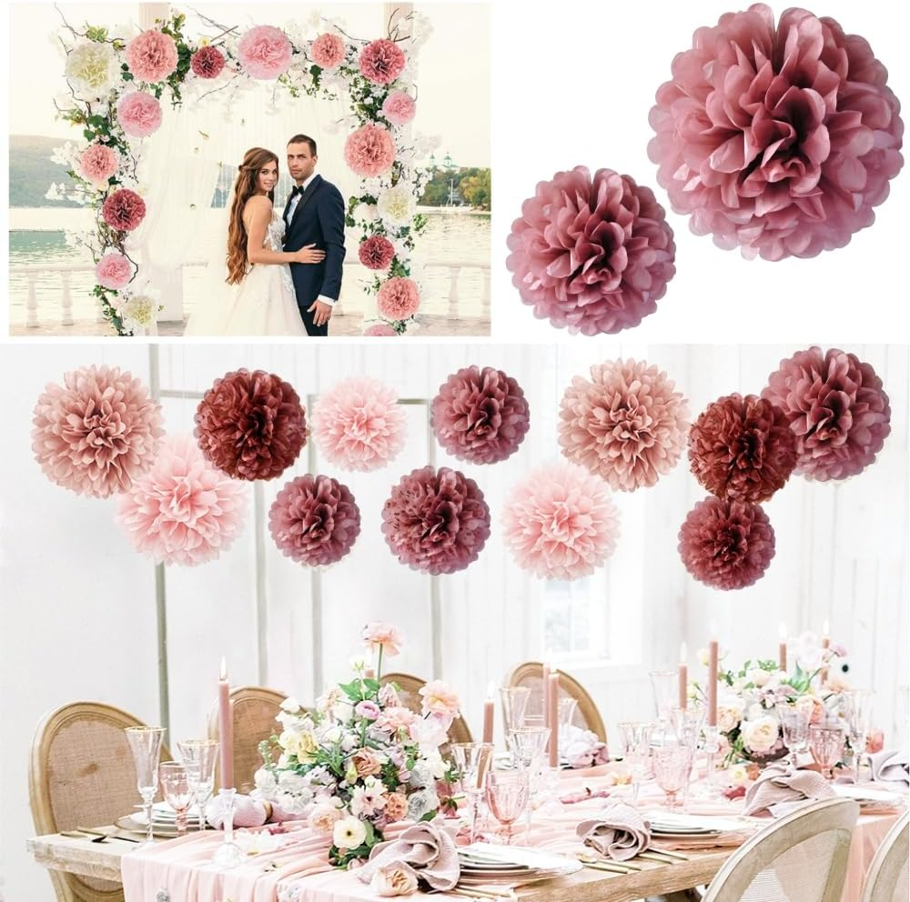 FUNNTY Paper Pom Poms Party Kit-Tissue Pom Poms Paper Flowers Wall Backdrop Centerpieces for Wedding Birthday Baby Shower Bachelorette Bridal Shower Party Supplies（9 Pcs Lotus Pink Color） image number 5