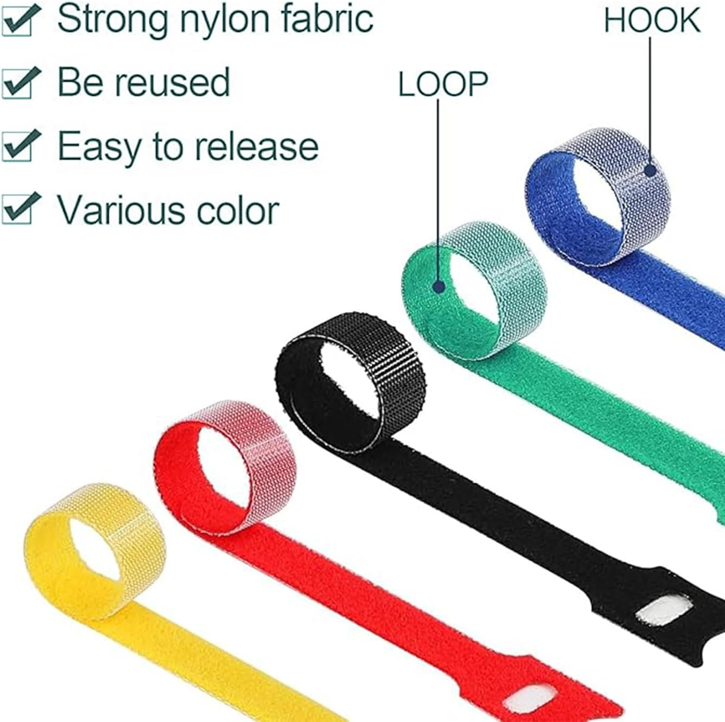 Roczential 100 Reusable Zip Ties | 5 Colors of Heavy-Duty Nylon Buckle Straps | Wires, Electronic Products PC、 Multi Purpose Fastening Strap for Headphones | Sturdy Hook and Loop Cable Organizer image number 4
