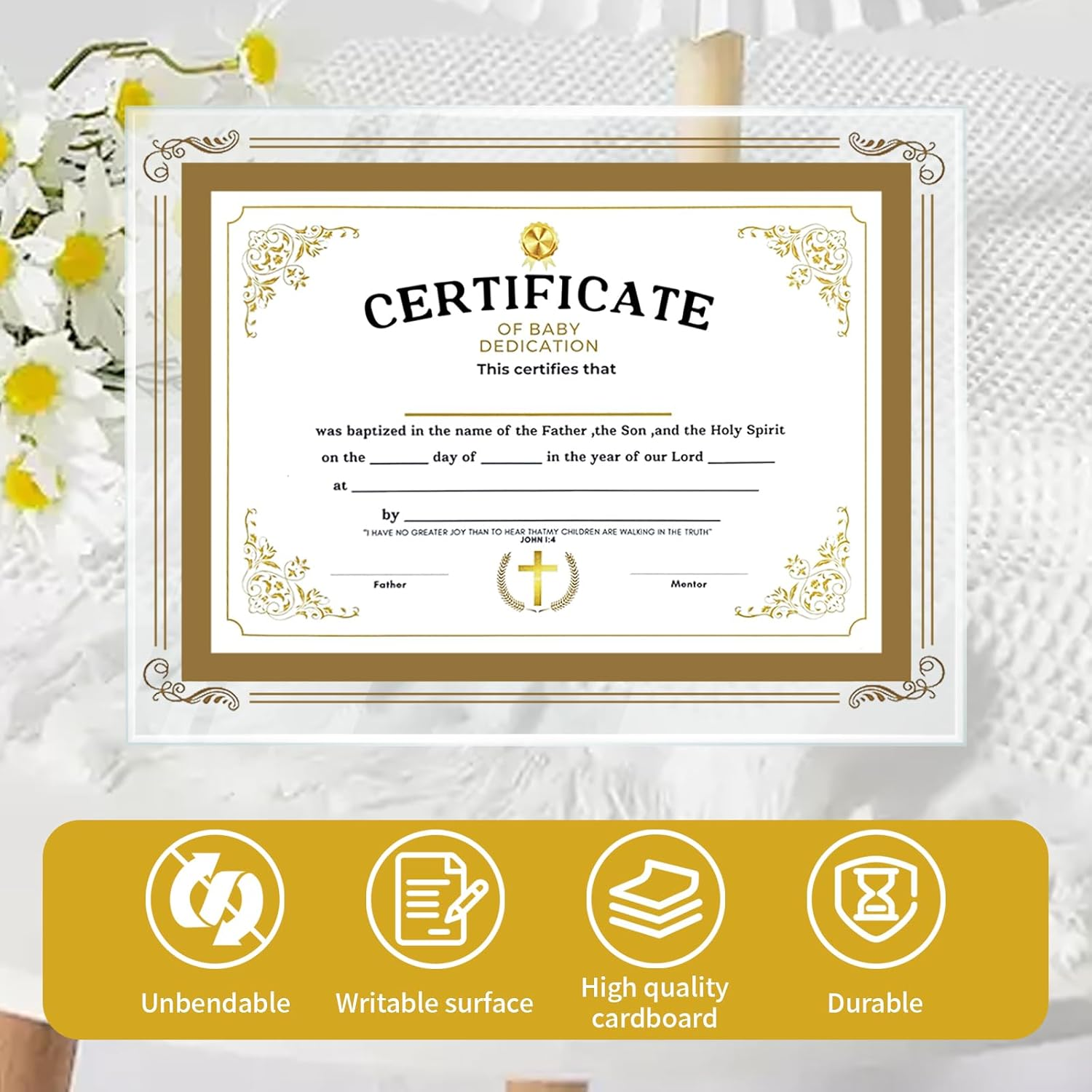 Baptism Certificates for Church, with Glass Frame, Perfect Baptism Keepsake, Gold Foil Cross Certificates of Baby Christening Dedication image number 6