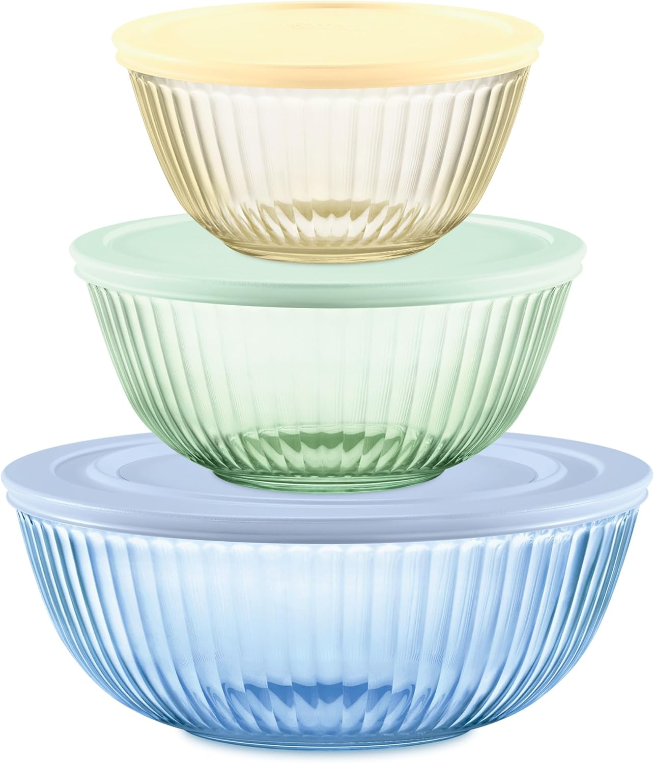 Pyrex Sculpted Tinted 6-PC Full Set, Small/Medium/Large Glass Mixing Bowls with Lids, Nesting Space Saving Set of Bowls for Prepping and Baking, 1.3QT, 2.3QT & 4.5QT image number 1