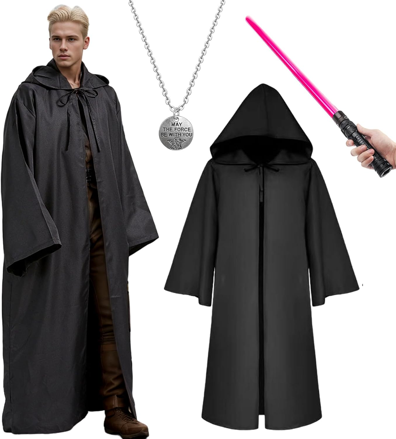 Hooded Cloak Robe Jedi Adult, Jedi Hooded Cape Costume Set with Accessories and Necklace Wizard Master Knight Robe Costume Cosplay for Halloween Masquerade Balls