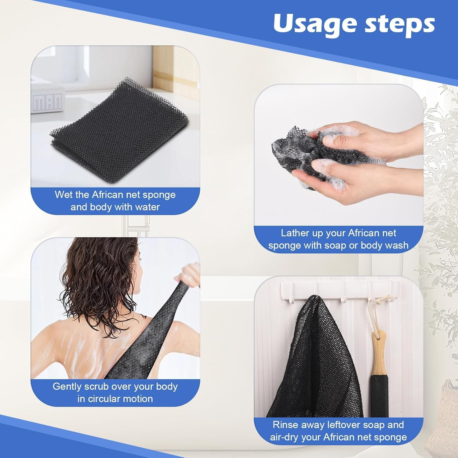 4 Pcs African Exfoliating Net,African Net, 80&times;30Cm African Net Bathing Sponge, Nylon Back Bathing Accessories, Deep Cleaning African Exfoliating Sponge for Men and Women (Multicolour) image number 5
