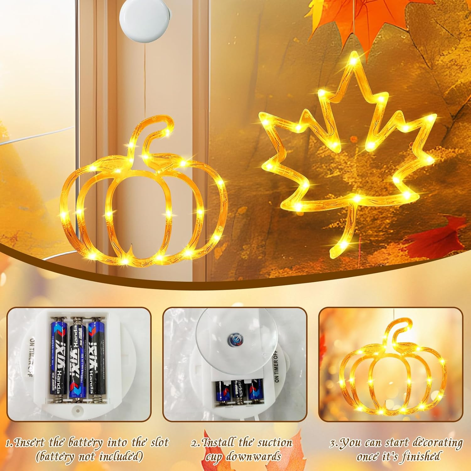 Taimeimao Autumn Decoration Light with Suction Cup, Waterproof Autumn Decorative Window Lights, Pumpkin Maple Leaf Window Decoration Lights, Autumn Fairy Lights with Suction Cup for Autumn Halloween image number 4