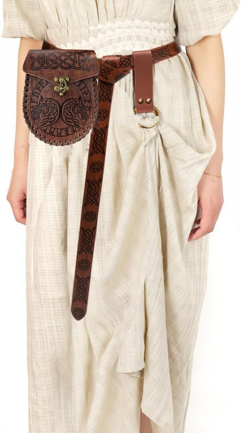 Retro Belt Pouch Coin Purse Waist Bag Medieval Viking Leather Belt Halloween Renaissance Costume Festival Cosplay Accessory (Black-Wolf), One Color, Brown-Wolf image number 2