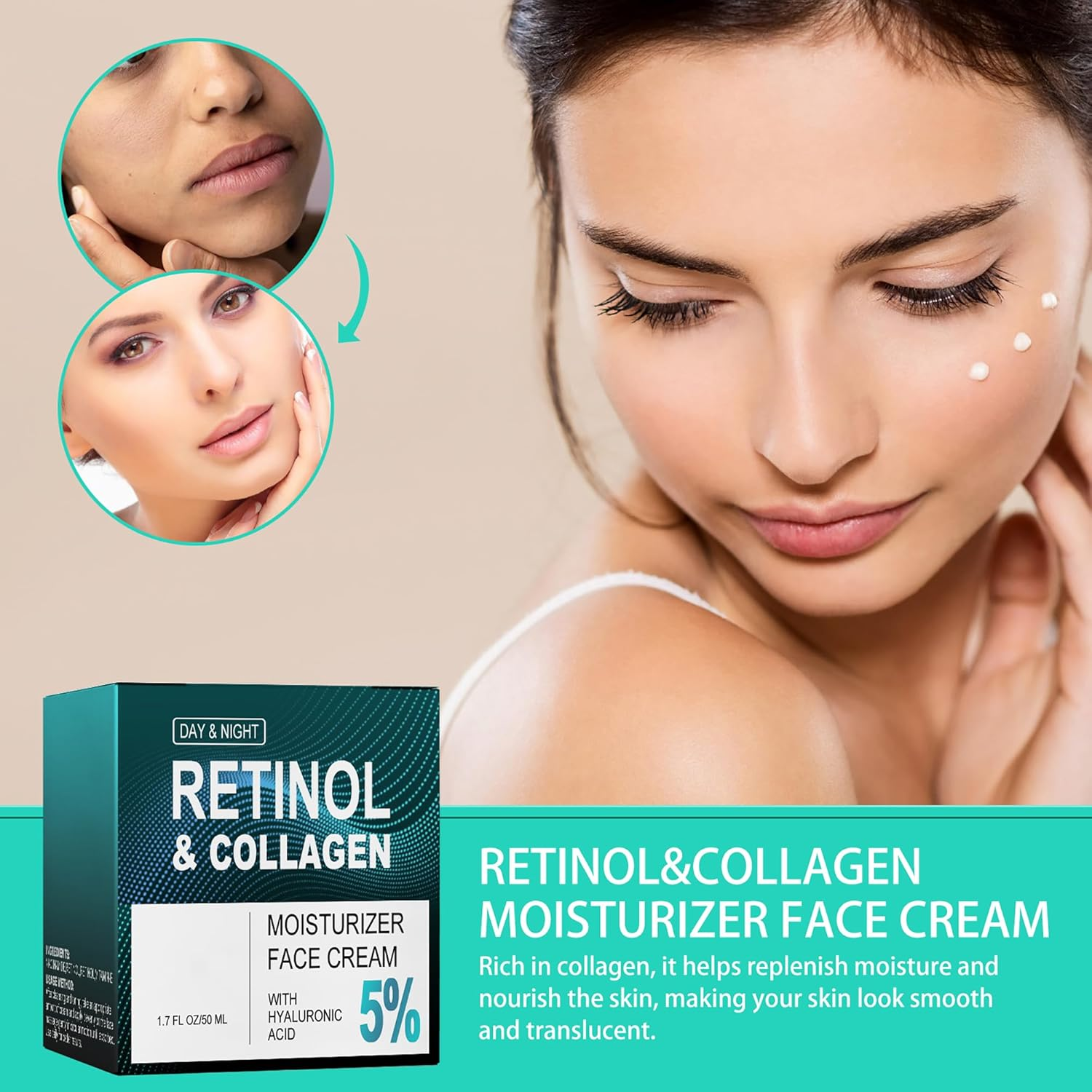 Retinol & Hyaluronic Acid Cream for Face(2Pcs) - Anti-Aging Moisturizer Day & Night,Deep Hydration to Reduce Wrinkles,Fine Lines & Dryness,Firming Skin Care with Collagen for Women & Men image number 5