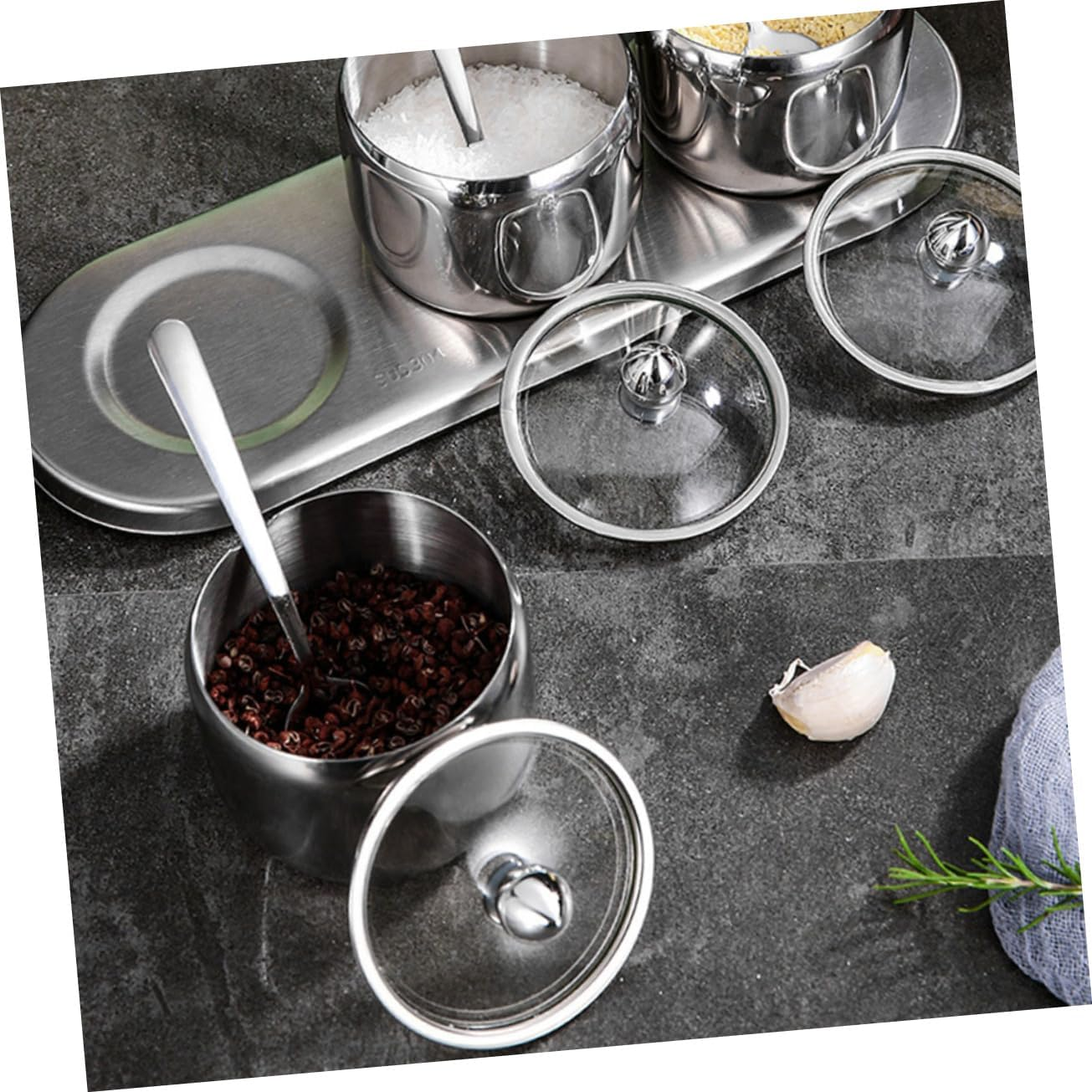 KICHOUSE Stainless Steel Seasoning Jars Set of 3 with Base, Salt Storage Containers, Spice Canisters for Kitchen Dining, 304 Stainless Steel Condiment Pots for Home Cooking and Table Use