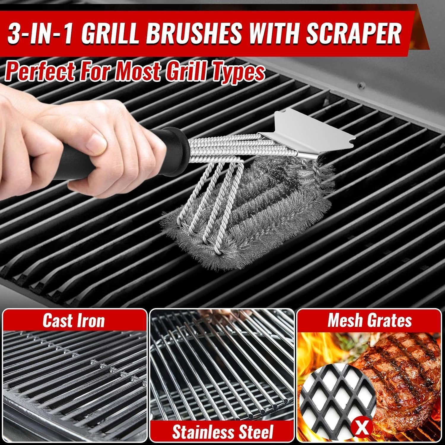Grill Brush and Scraper Bristle Free, 2 Pack Stainless Steel BBQ Brushes with Handle for Grill Cleaning, Ideal Barbecue Accessorie for All Grill Types (Comes with 2 BBQ Oil Brushes) image number 6