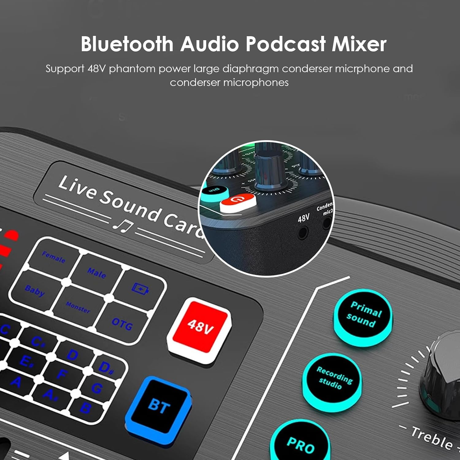 Live Sound Card, Bluetooth Professional Mini Audio Mixer Board with 15 Sound Effects, Audio Interface Support 48V Phantom Power, for Straming, Podcasting, Gaming image number 5