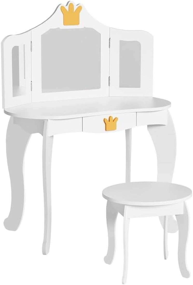 Keezi Kids Dressing Table Vanity Makeup Chair Set Wooden 3 Mirror Drawer White image number 6