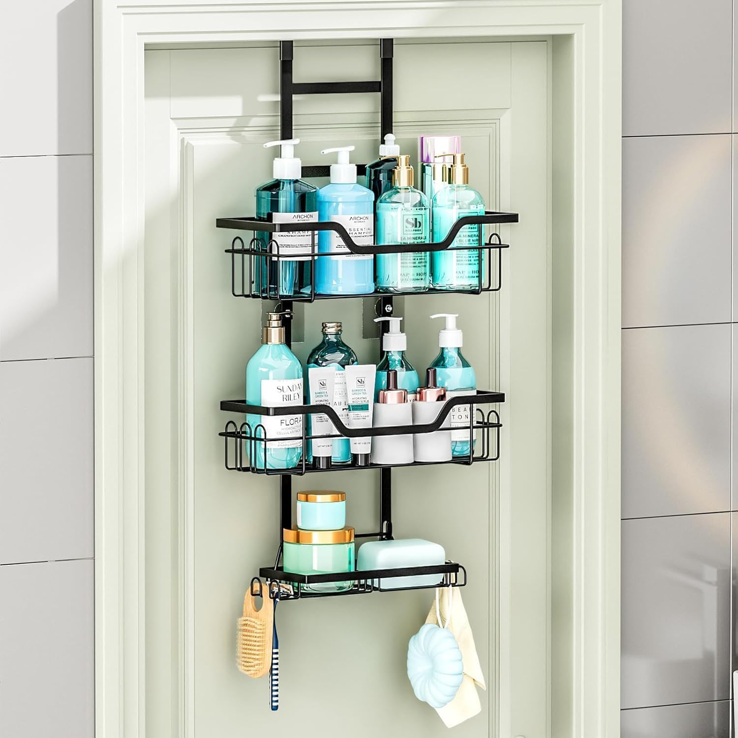 Shengsenfu Shower Caddy Hanging, Rustproof Shower Organizer, over the Shower Head Caddy Hooks for Razor/Sponge, No Drilling Bathroom Storage Shelf Rack Soap Holder, 3-Tier over the Door Shower Caddy image number 2