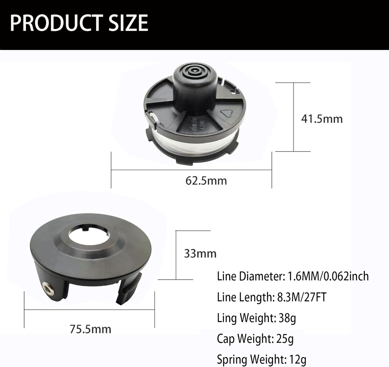 8Pcs 196146-9 Replacement Trimmer Spools for M Akita Akkusense, 1.6Mm X 8.3M Weed Eater Lines & Caps for Makita String Trimmer Weed Eater 18V DUR181Z/DUR181RF/DUR181 (6 Spools + 1 Cap +1 Spring) image number 4