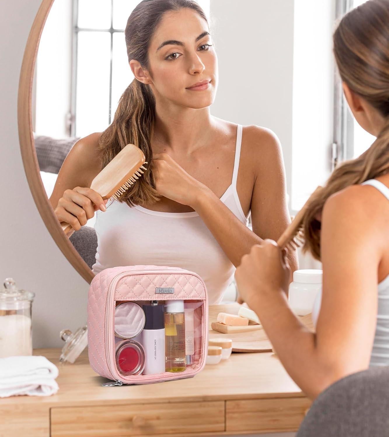 Marvolia Clear Makeup Bag - Travel Clear Toiletry Bag for Women Cosmetic Case Makeup Organizer Zipper Pouch for Travel Essentials, Pink, Small image number 3